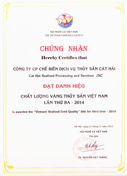 Hội nghề cá Việt Nam chứng nhận Đạt danh hiệu Chất lượng vàng Thủy sản Việt Nam lần 3 2014