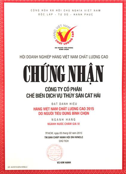 Chứng nhận hàng Việt Nam Chất lượng cao do người tiêu dùng bình chọn 2015