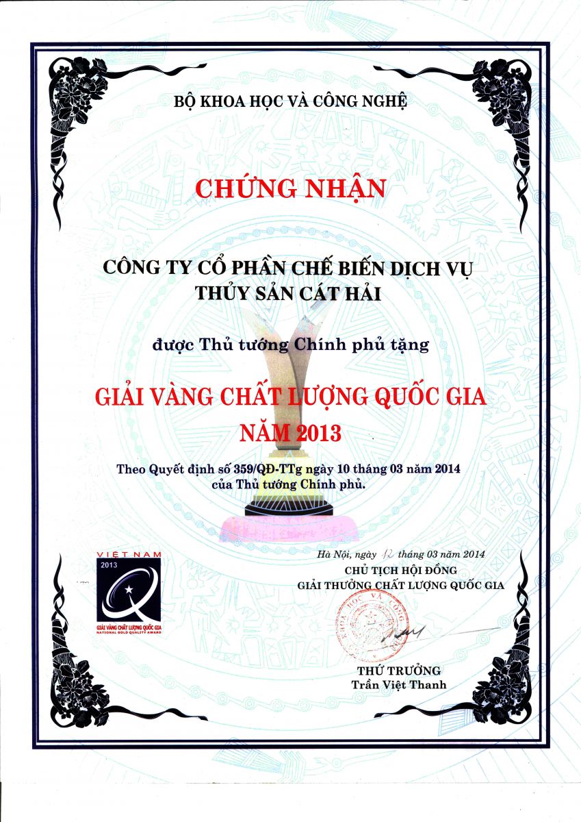 Thủ tướng Chính phủ Tặng giải vàng chất lượng Quốc gia 2013