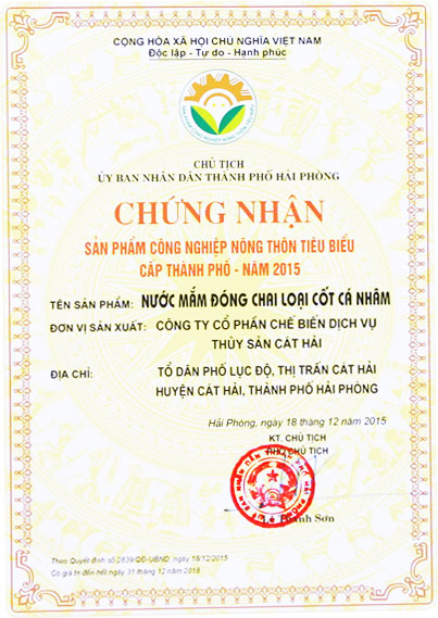 Chứng nhận Sản phẩm Công nghiệp nông thôn tiêu biểu cấp Thành phố 2015